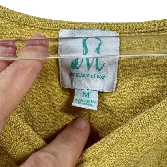ShopTheMint Women M Yellow Boho Smocked Short Sleeve Linen Blouse Fall‎ Layering - Picture 5 of 9